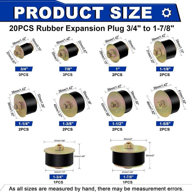 Daptemn 20PCS Expansion Freeze Rubber Plugs Kit,10 Sizes Automotive Engine Rubber Expandable Freeze Plugs Fit Hole 3/4" 7/8" 1" 1-1/8" 1-1/4" 1-3/8" 1-1/2" 1-5/8" 1-3/4" 1-7/8" - Image 2